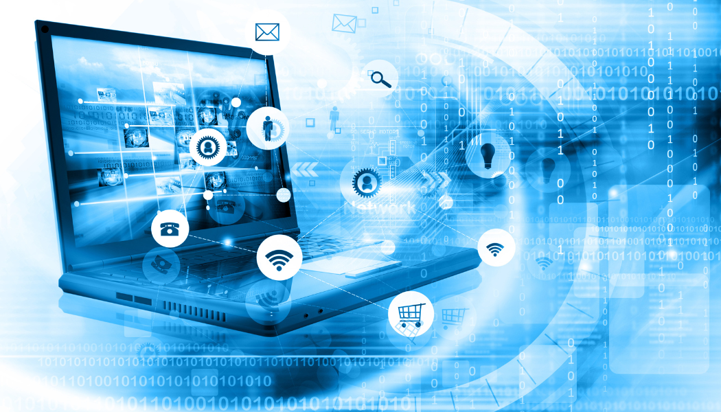 Photo of a laptop and digital icons